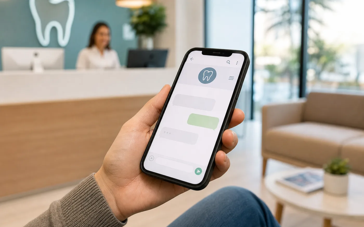 Pessoa acessando uma interface de contato pelo celular em uma clínica odontológica