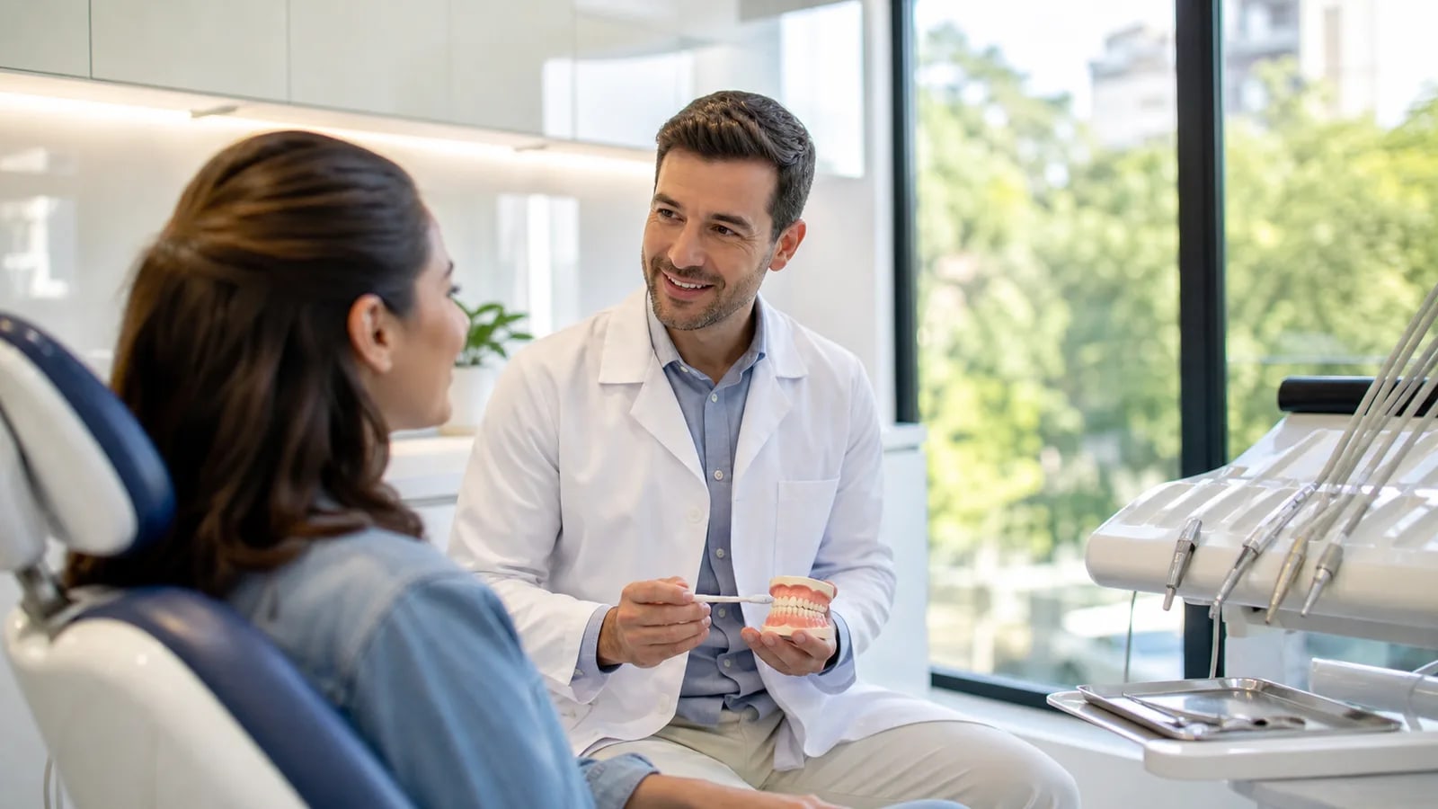 Dentista conversando com paciente em consultório odontológico moderno